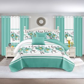 Quilted Bedspread & Curtain Set 9 Piece, Queen Size - Bedding Ensemble with Sheer Filtering Drapes, 1.6" Grommet Top, Machine Washable (Color: green rose, size: QUEEN)